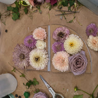 Two clear acrylic flower boards filled with dried and fresh flowers, including mauve roses, purple and cream dahlia-like blooms, arranged on a brown paper work surface with scissors and floral scraps nearby.